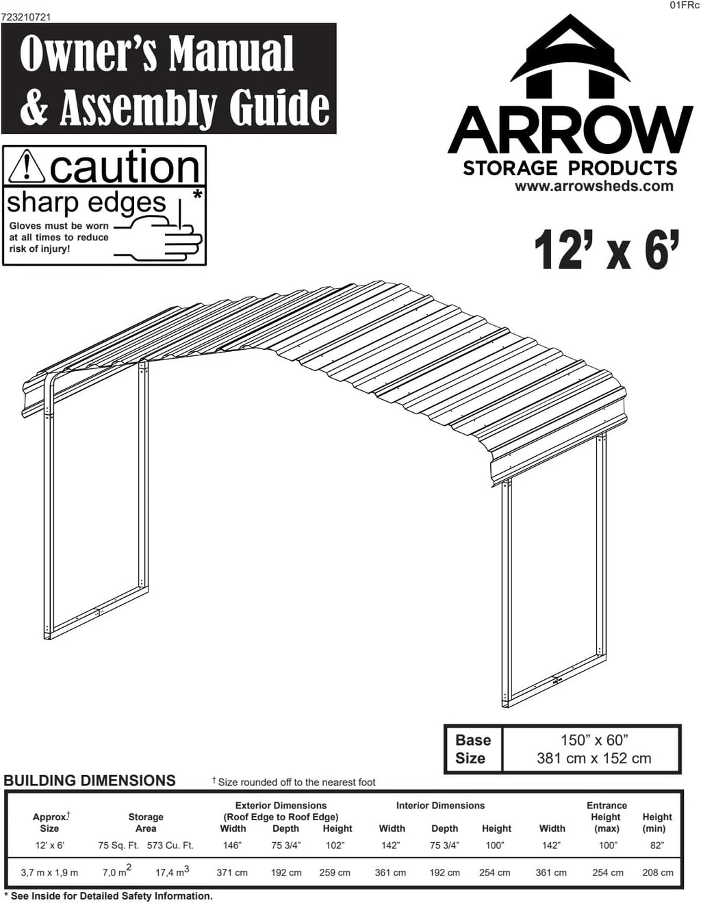 Arrow Metal Canopy, Galvanized Steel Outdoor Awning for Grill, ATV, and Motorcycle Protection, Weather-Resistant Shelter, 12' x 6' x 7', Eggshell