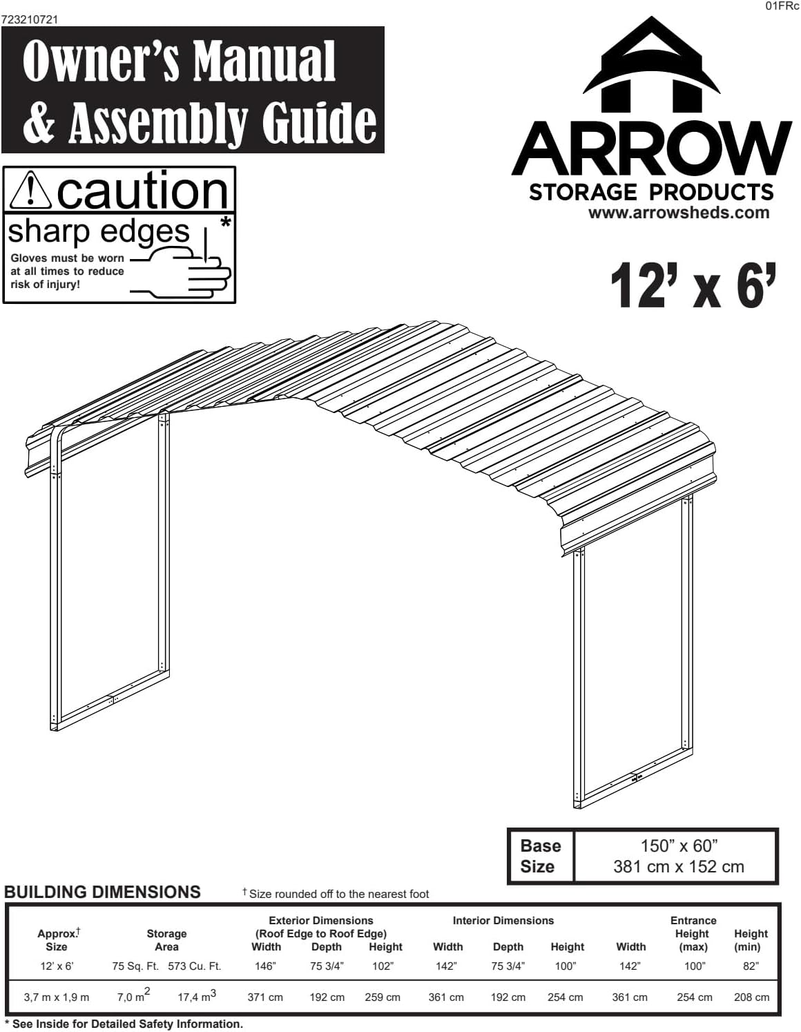Arrow Metal Canopy, Galvanized Steel Outdoor Awning for Grill, ATV, and Motorcycle Protection, Weather-Resistant Shelter, 12' x 6' x 7', Eggshell