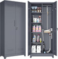 GREATMEET 72.8' H Tall Metal Garage Storage Cabinet for Cleaning Tools, Lockable Double Door Utility Organizer with Pegboard & Tool Hanging Bars, Grey