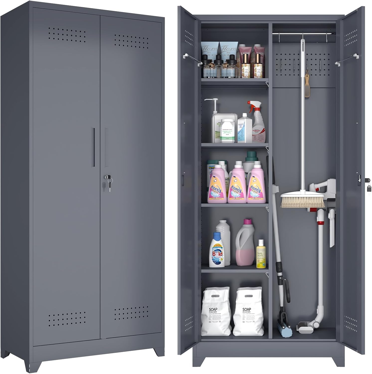 GREATMEET 72.8' H Tall Metal Garage Storage Cabinet for Cleaning Tools, Lockable Double Door Utility Organizer with Pegboard & Tool Hanging Bars, Grey