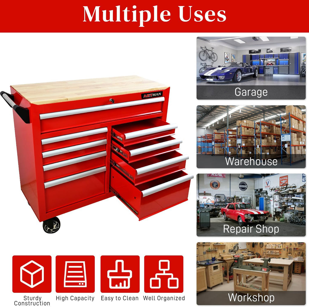 Heavy Duty Rolling Tool Chest with 9-Drawer Wood Top Tool Cart Mechanic Tool Box with Wheels Tool Storage Cabinet Mobile Workbench Tool Bench for Garage, Warehouse, Workshop, Repair Shop (Red)