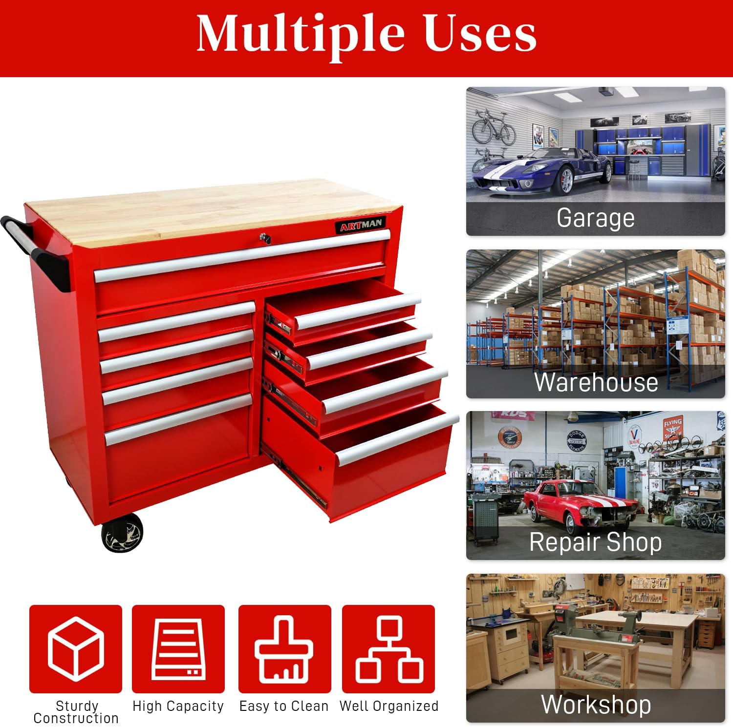 Heavy Duty Rolling Tool Chest with 9-Drawer Wood Top Tool Cart Mechanic Tool Box with Wheels Tool Storage Cabinet Mobile Workbench Tool Bench for Garage, Warehouse, Workshop, Repair Shop (Red)