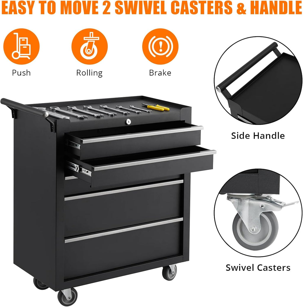 5-Drawer Rolling Tool Chest on Wheels, 24 Inch Compartment Tool Box with Drawers & Lock, Metal Tool Cart Storage Cabinet for Garage, Warehouse, Workshop, Repair Shop