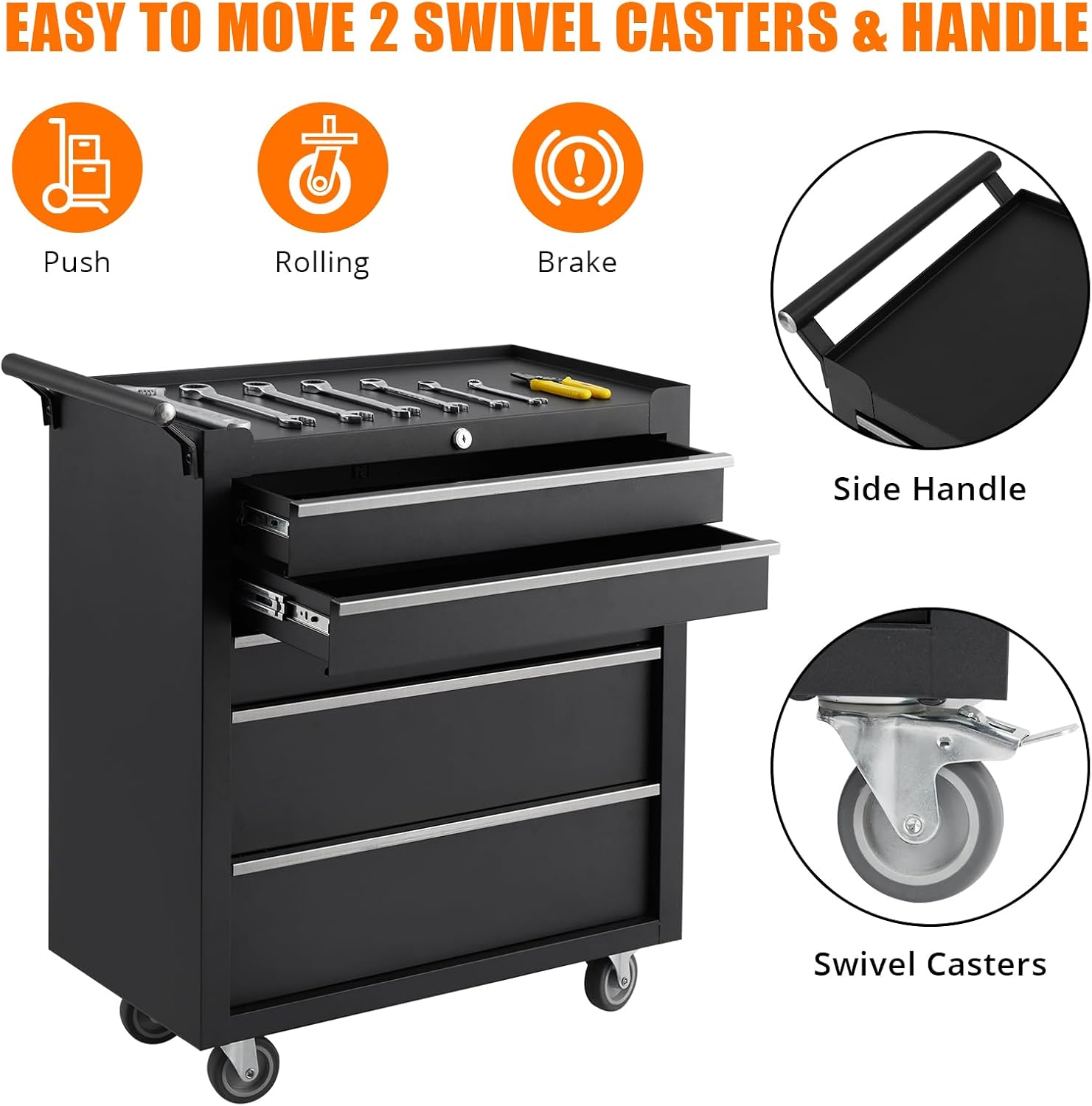 5-Drawer Rolling Tool Chest on Wheels, 24 Inch Compartment Tool Box with Drawers & Lock, Metal Tool Cart Storage Cabinet for Garage, Warehouse, Workshop, Repair Shop