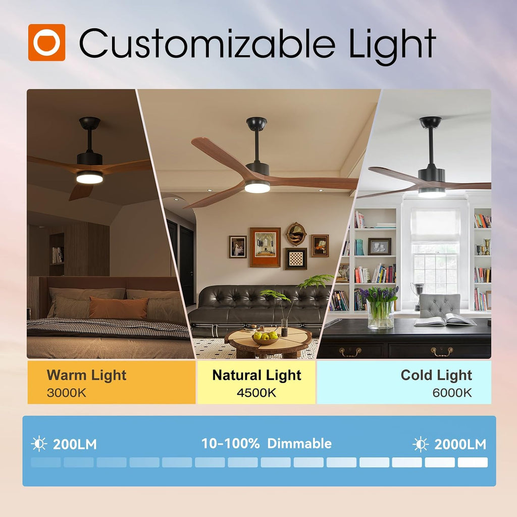 addlon 72 inch Ceiling Fans with Lights and Remote Control, Reversible, 3 Wood Blades, 6 Speeds, 3CCT Dimmable, Noiseless, Indoor/Outdoor Black Walnut Ceiling Fan for Bedroom Living Room Gazebo Patio