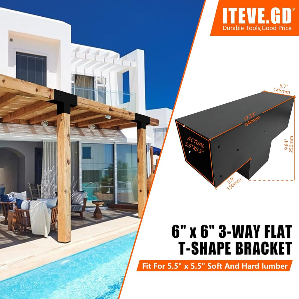 2Pack Pergola DIY Bracket Kits 6x6,3-Way T-Shaped Horizontal Post Brackets for 6'x6'(Actual:5.5'x5.5') Wood Beams,Heavy Duty Metal Brackets for Outdoor Pavilion,Proch,Log Cabin