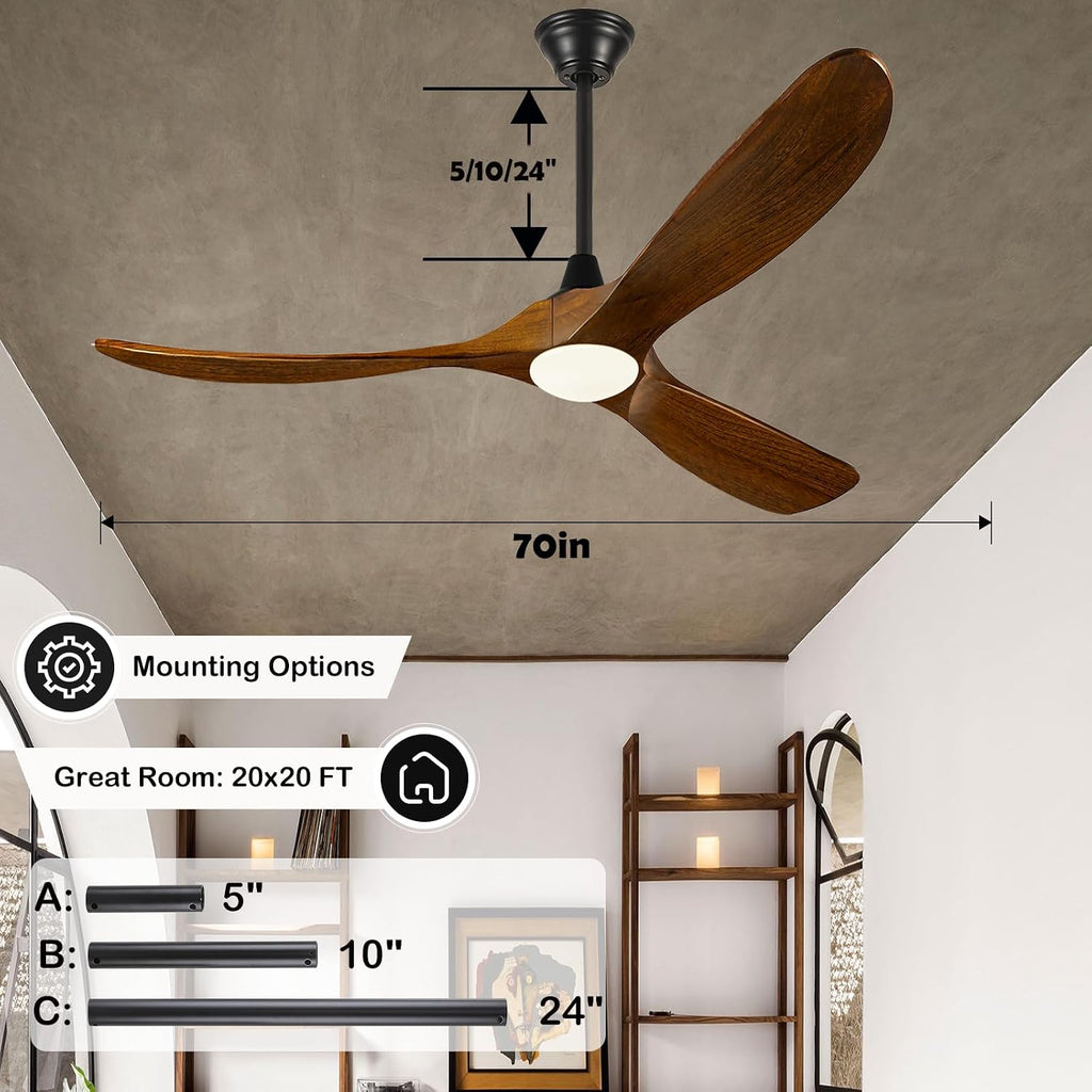 70 Inch Outdoor Ceiling Fan with Lights and Remote, 3 Solid Wood Blades, High CFM Quiet Reversible DC Motor, Rustic Farmhouse Style, for Large Living Room, Patio, Porch & Commercial Spaces