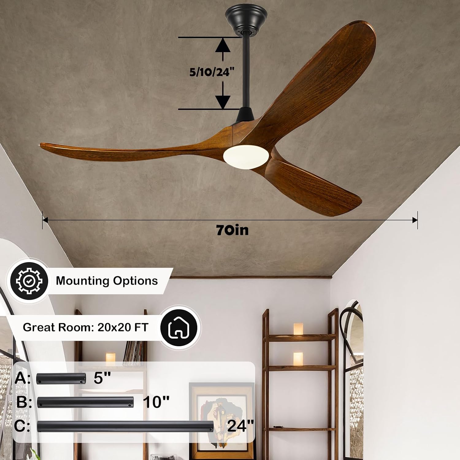 70 Inch Outdoor Ceiling Fan with Lights and Remote, 3 Solid Wood Blades, High CFM Quiet Reversible DC Motor, Rustic Farmhouse Style, for Large Living Room, Patio, Porch & Commercial Spaces