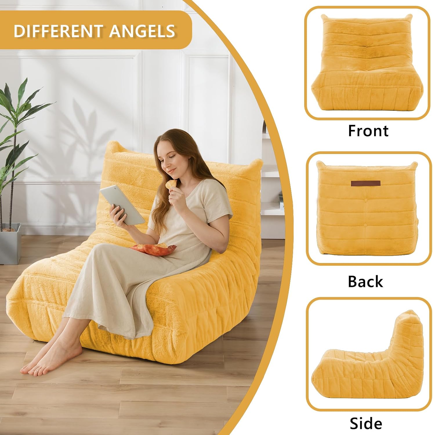 Bean Bag Chair for Adults, Giant Bean Bag Sofa Oversized Beanbag Chairs, Fireside Bean Bag Couch with High Density Sponge Filled Large Bean Bags Chair for Apartment Living Room Bedroom, Yellow