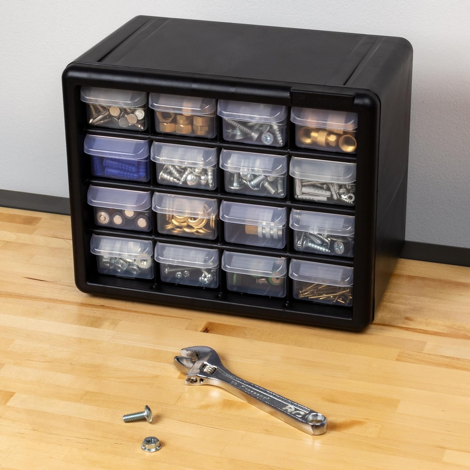Akro-Mils 16-Drawer Plastic Cabinet for Garage Organization, Beads, Makeup Organizer, Building Bricks Storage, Teacher Toolbox, 10-1/2' W x 6-1/2' D x 8-1/2' H, 10716 Black (Pack of 4)