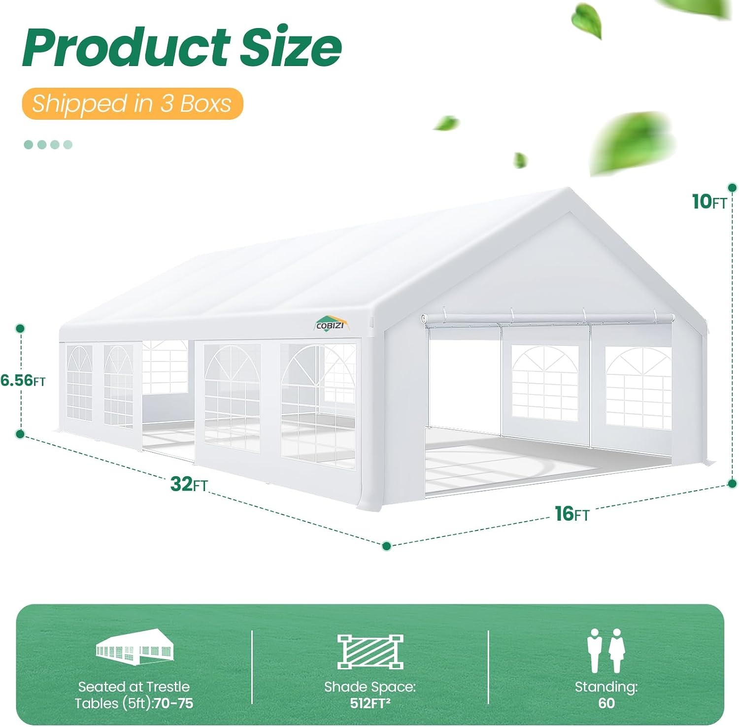 COBIZI 16x32 Party Tent Heavy Duty, Tents for Parties with 6 Removable Sidewalls & 4 Built-in Sandbag, Event Wedding Tent, UV 50+, Waterproof, Strong Wind Protection, White