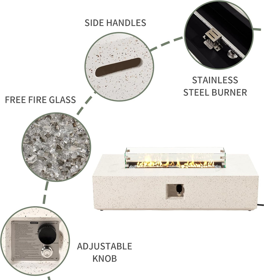 COSIEST Outdoor Propane Fire Pit Table, 56' x 28' Rectangle Terrazzo White Concrete-Like Finish, Certified, 50,000 BTU Stainless Steel Burner w Transparent Gray Fire Glass, Wind Guard, Raincover