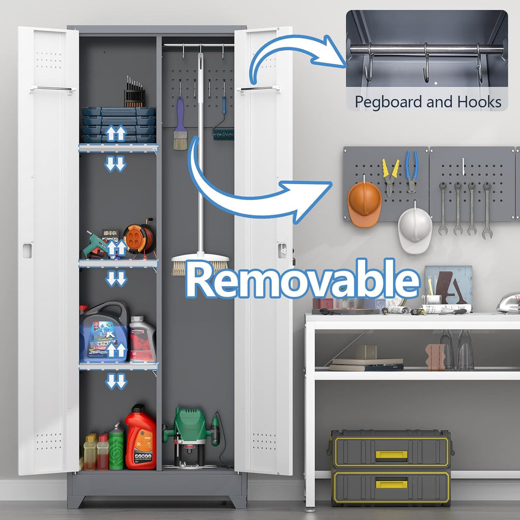 65' H Metal Garage Storage Cabinets with Doors and Shelves, Locking Cabinet, Broom Closet Storage Cabinets with Hanging Rod, Functional Tool Cabinet for Home, Garage, Kitchen