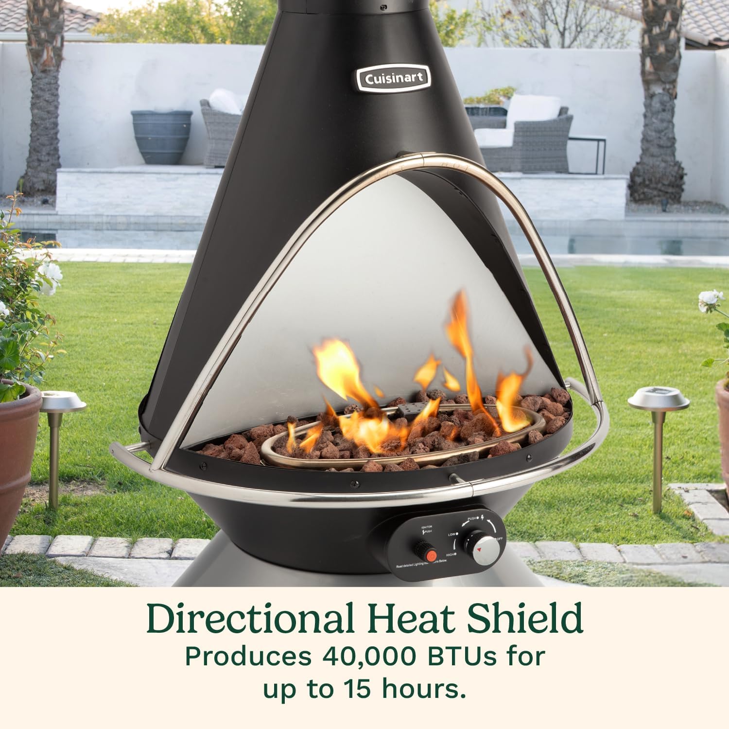 Cuisinart Chimenea Propane Fire Pit, 40,000 BTU Adjustable Gas Fire Pit for Patios, Includes Lava Rocks, Directional Heat Shield and Push to Start Ignition, Perfect for Backyards, Decks, and Patios