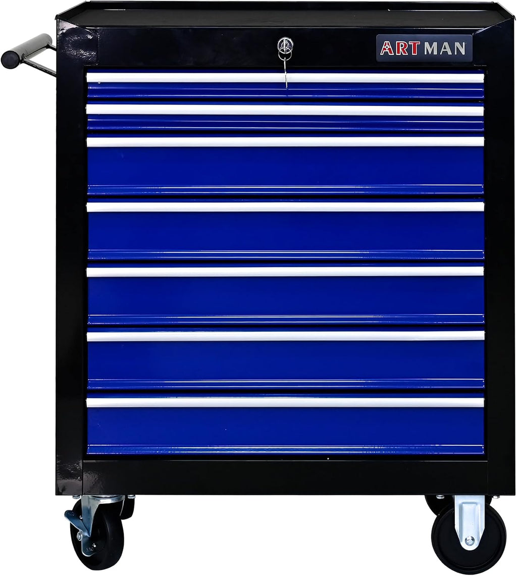 Rolling Tool Chest with 7-Drawer Tool Box with Wheels Multifunctional Tool Cart Mechanic Tool Storage Cabinet for Garage, Warehouse, Workshop, Repair Shop (Black & Blue)