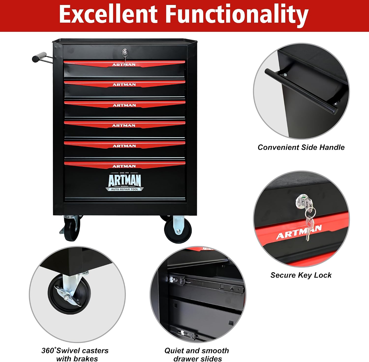 6 Drawers Rolling Tool Box on Wheels, Multifunctional Tool Chest Cabinet with Lock, Drawers Rolling Tool Cart Trolley Organizer Tool Storage Case for Warehouse,Garage,Workshop (Black&Red)