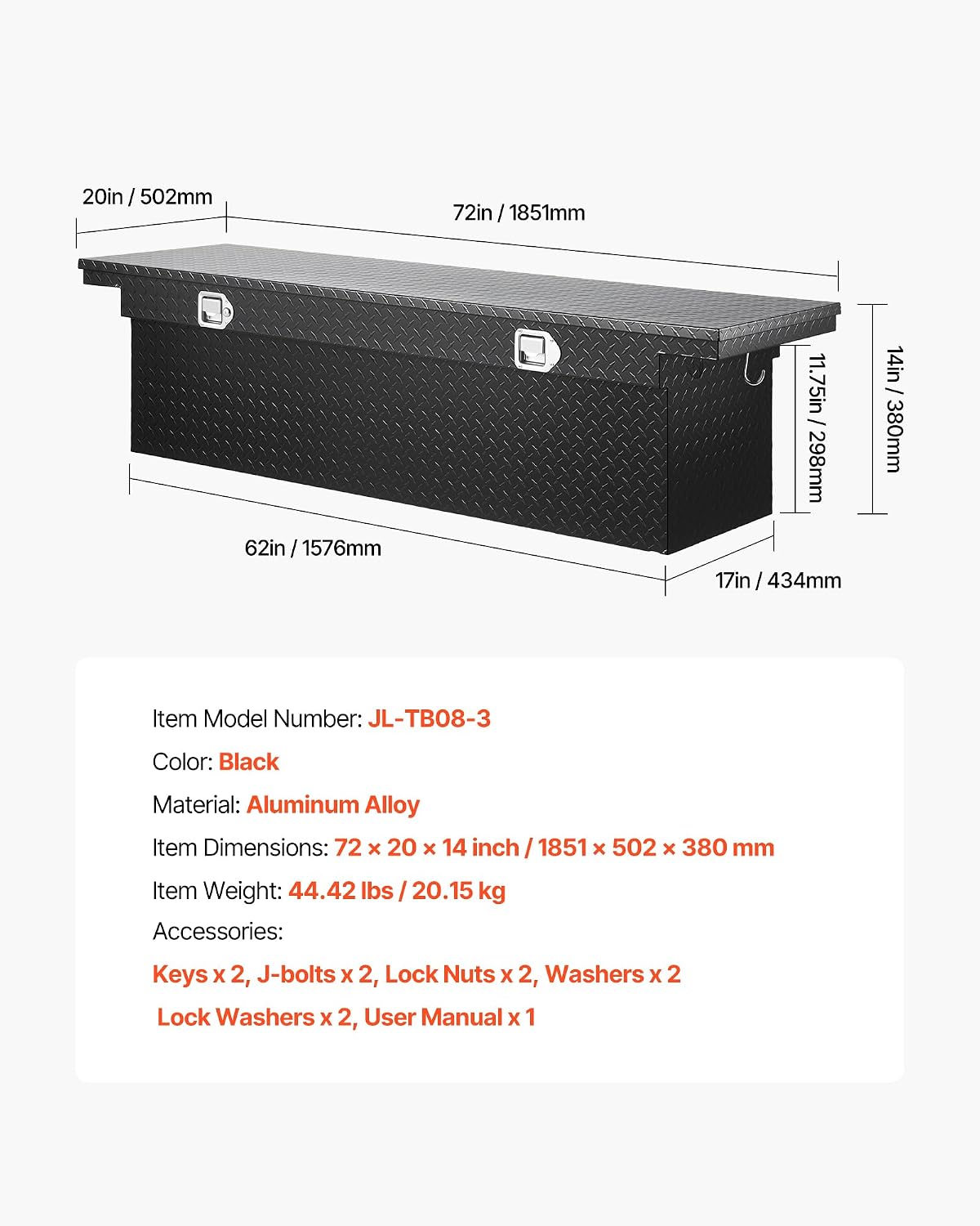 VEVOR Crossover Truck Tool Box, 72x20x14 In, Heavy Duty Aluminum Toolbox with Diamond Texture, Pick Up Truck Bed RV Trailer Toolbox, Waterproof Storage Organizer with Lock, Keys, Side Handles, Black
