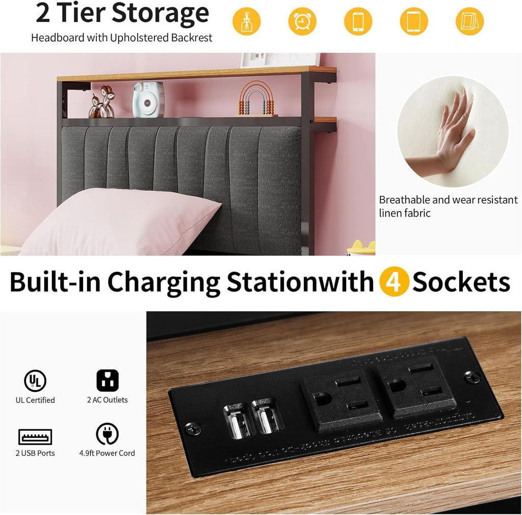Twin Size Gaming Bed Frame with Storage Headboard,Black Metal Twin Bed Frame with LED Light Rotating TV Mount Charging Station,College Dorm Room Essential for Gaming Teen Boys Kids,Heavy Duty