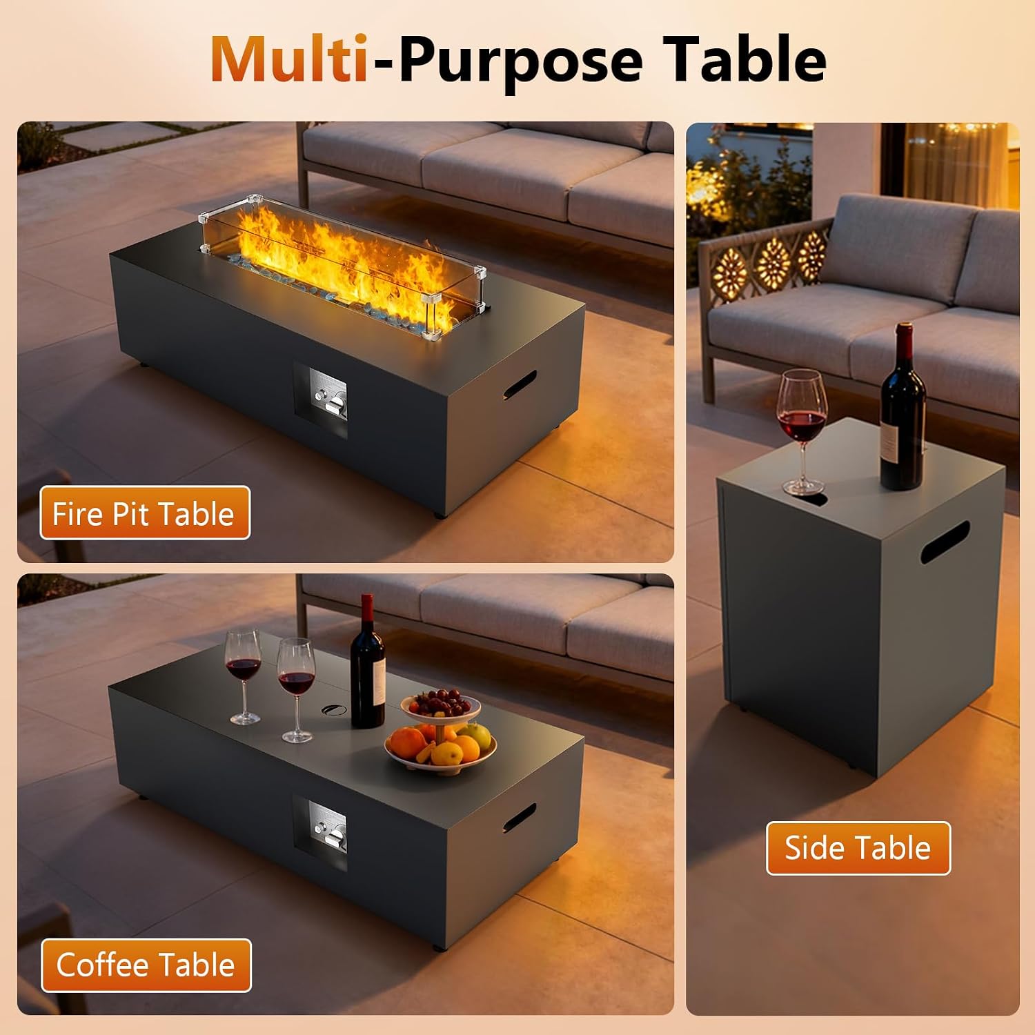 2-Piece 42' Rectangular Propane Fire Pit for Outside Patio with Hidden Tank Table, 50,000 BTU Fireplaces with Glass Wind Guard, Lid, Glass Rocks, Cover(Black)