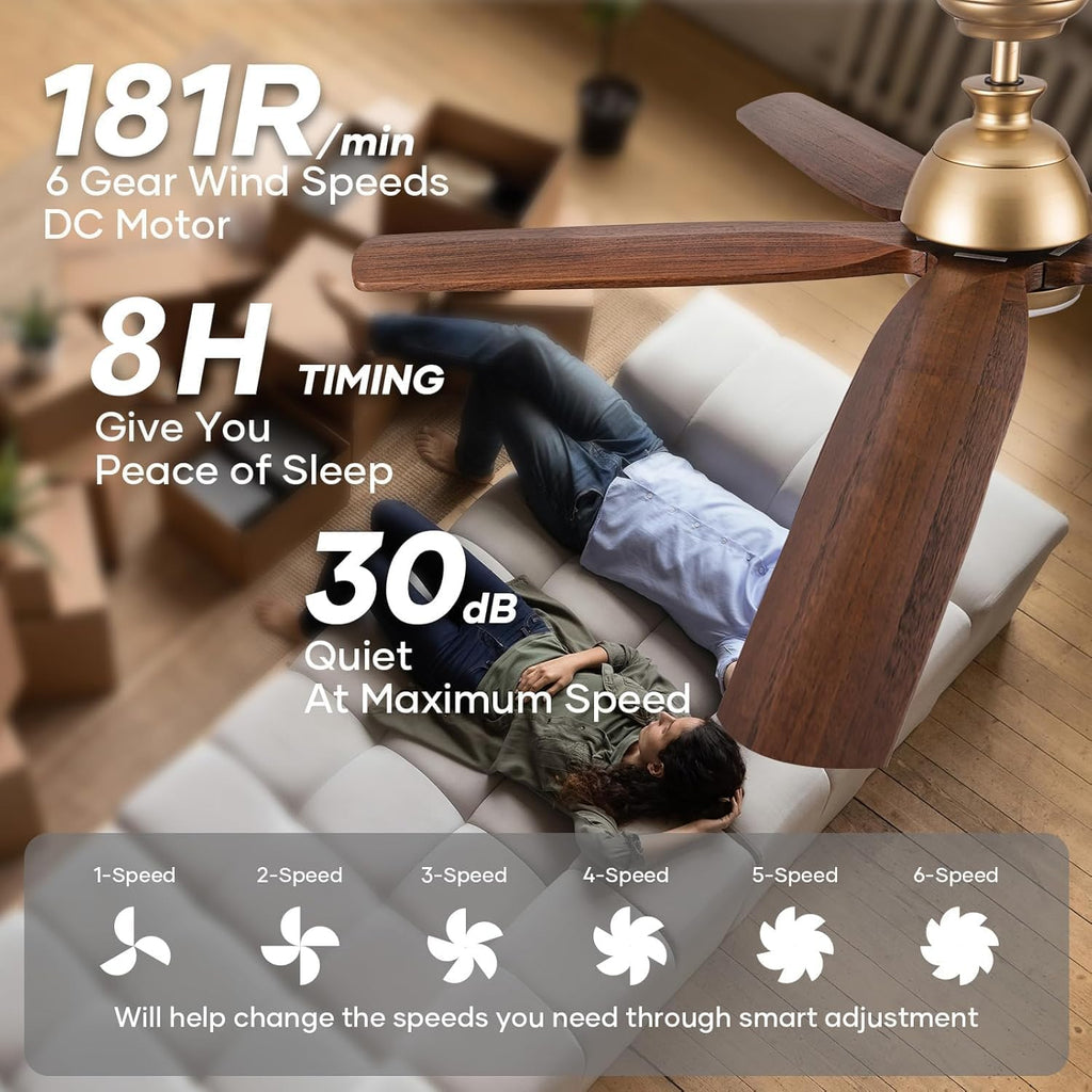 52 Inch Gold Ceiling Fan with Light, Rustic Wood Ceiling Fans with Lights Remote Control Reversible Quiet DC Motor, Indoor Exterior Ceiling Fan for Patios Porch Gazebo Living Room, Dimmable, 3CCT