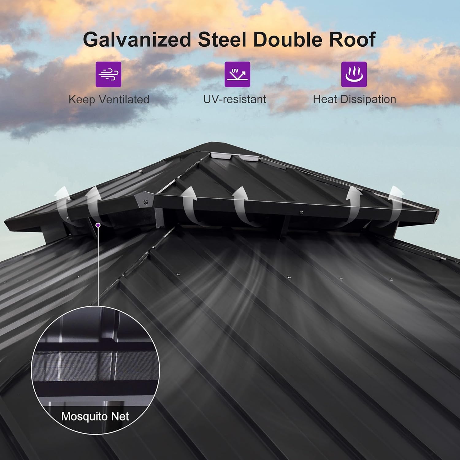PURPLE LEAF 10' X 10' Hardtop Gazebo Outdoor Wood Grain Aluminum Frame Galvanized Steel Double Roof Gazebos with Lights for Patio Deck Backyard Garden