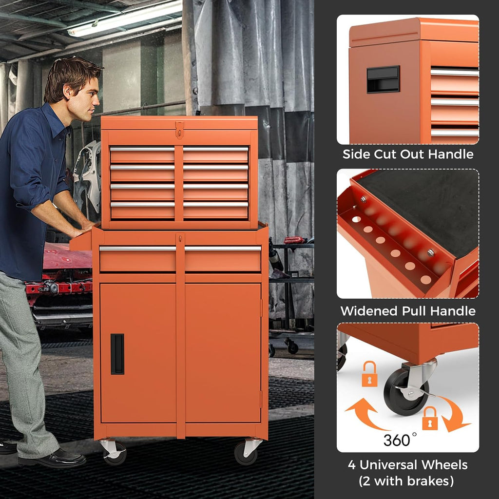 IRONMAX Rolling Tool Chest, 5-Drawer Lockable Tool Cabinet w/Adjustable Shelf & 4 Universal Wheels, 2 in 1 Detachable Tool Box Storage Organizer for Garage Workshop Repair Shop, Orange