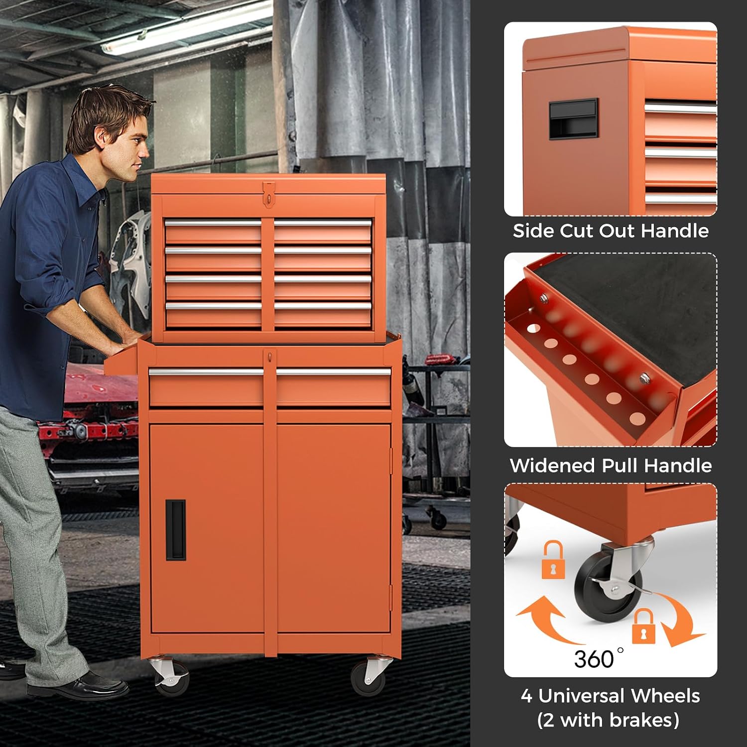 IRONMAX Rolling Tool Chest, 5-Drawer Lockable Tool Cabinet w/Adjustable Shelf & 4 Universal Wheels, 2 in 1 Detachable Tool Box Storage Organizer for Garage Workshop Repair Shop, Orange