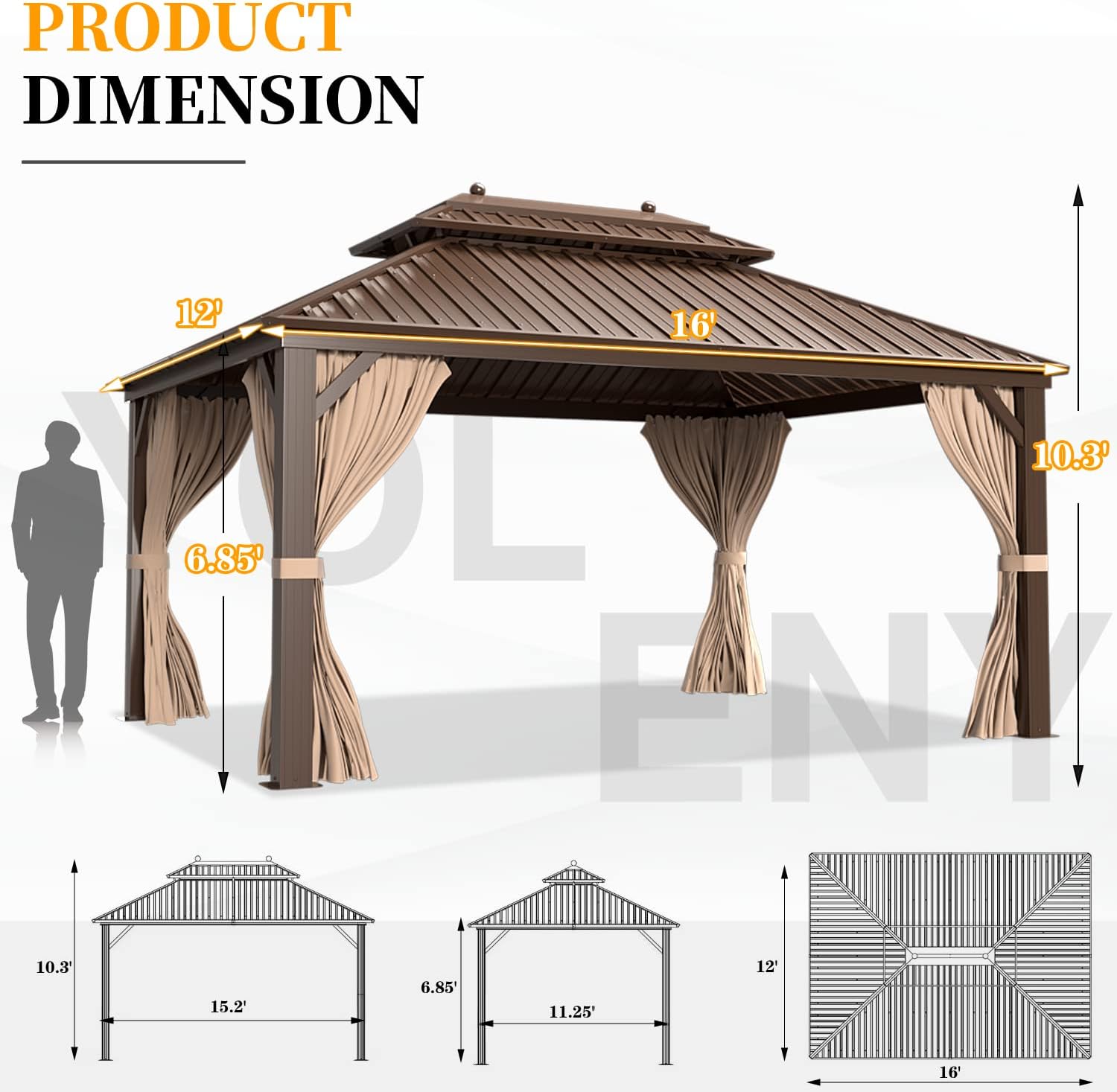 YOLENY 12'x16' Hardtop Gazebo with Galvanized Steel Double Roof, Pergolas Aluminum Frame, Netting and Curtains Included, Metal Outdoor Gazebos for Garden, Patios, Lawns, Parties