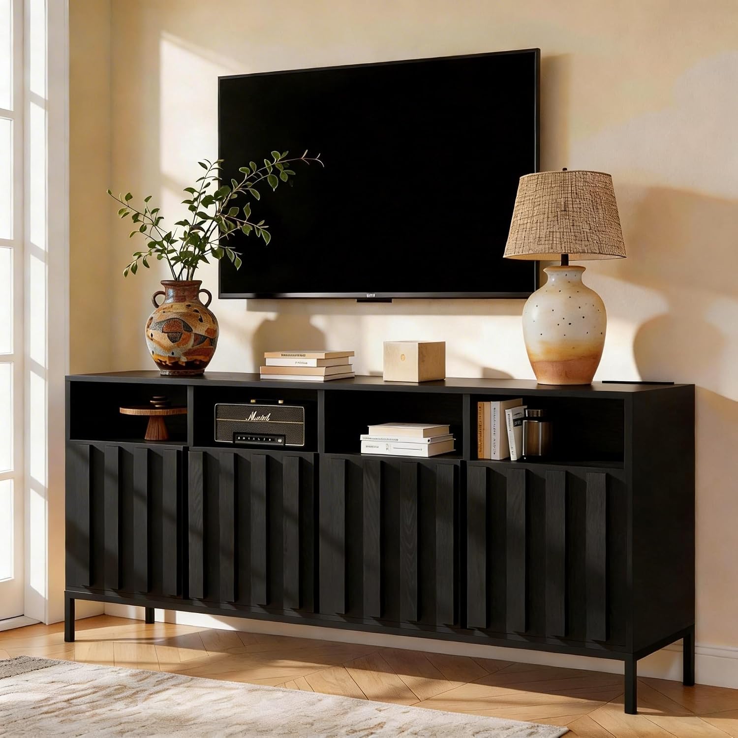 COCO DESIGN 70' Fluted TV Stand with Power Outlet for TVs up to 80', Modern Entertainment Center with Adjustable Shelves, Media Console Table with Storage for Living Room, Black