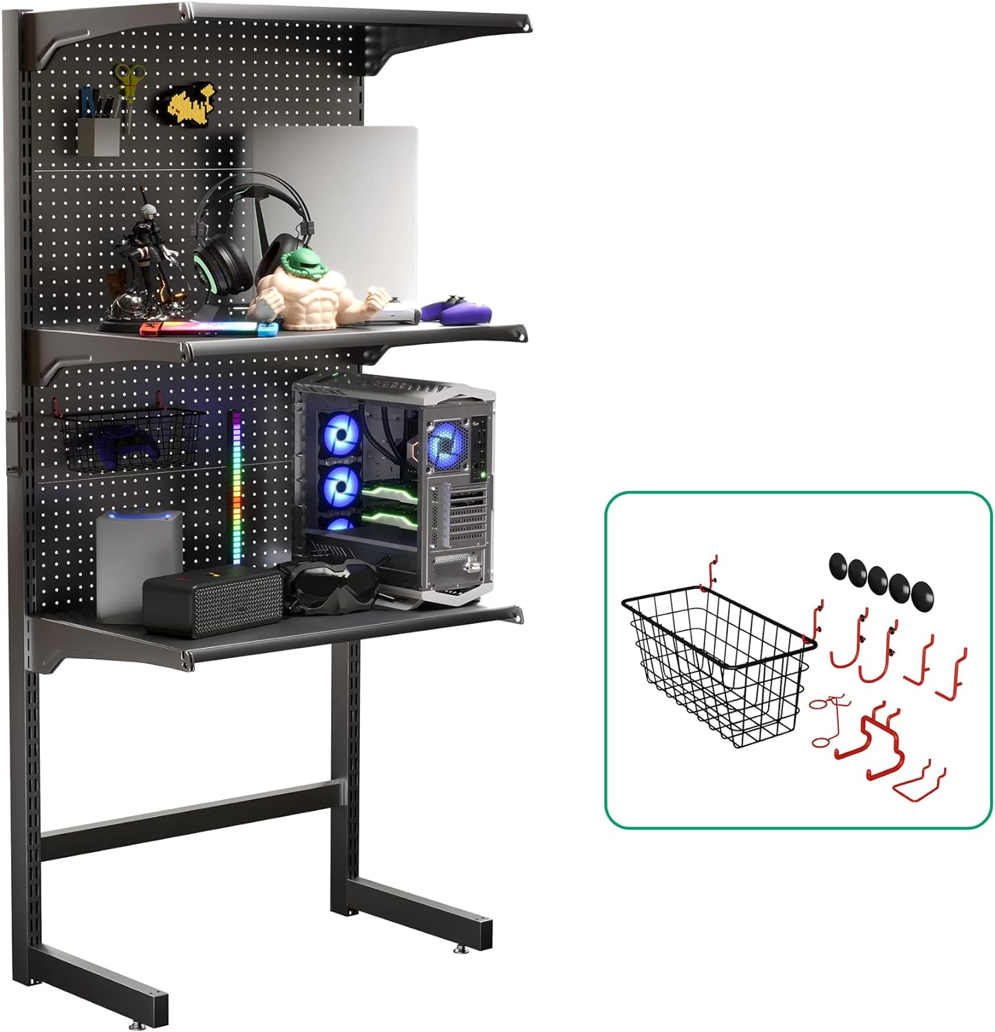 JWX DDB Gaming Standing Shelf Units, 30'' Free Standing Gaming Shelf Pegboard Cabinet with Home Office Metal Pegboard and 15 Pieces Organizer Tool Holders