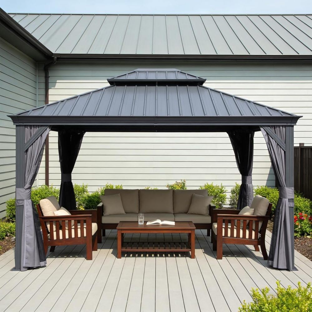 11x13FT Hardtop Gazebo with Double Roof & Netting, Galvanized Steel Outdoor Metal Gazebo Water Resistant, Includes Privacy Curtains, Patio Pergola for Deck Backyard, Modern Gray