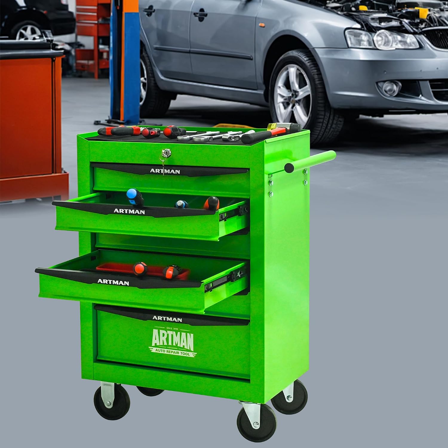 6 Drawers Rolling Tool Box on Wheels, Multifunctional Tool Chest Cabinet with Lock, Drawers Rolling Tool Cart Trolley Organizer Tool Storage Case for Warehouse,Garage,Workshop (Green)