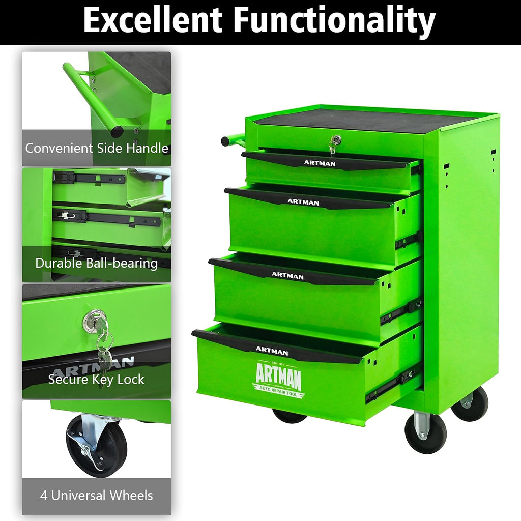 4 Drawers Tool Cart on Wheels, Multifunctional Rolling Tool Chest, Drawers Mobile Trolley Organizer Heavy Duty Tools Box with Locking Wheels & Ball Bearing Drawers (Green, 4 Drawers)