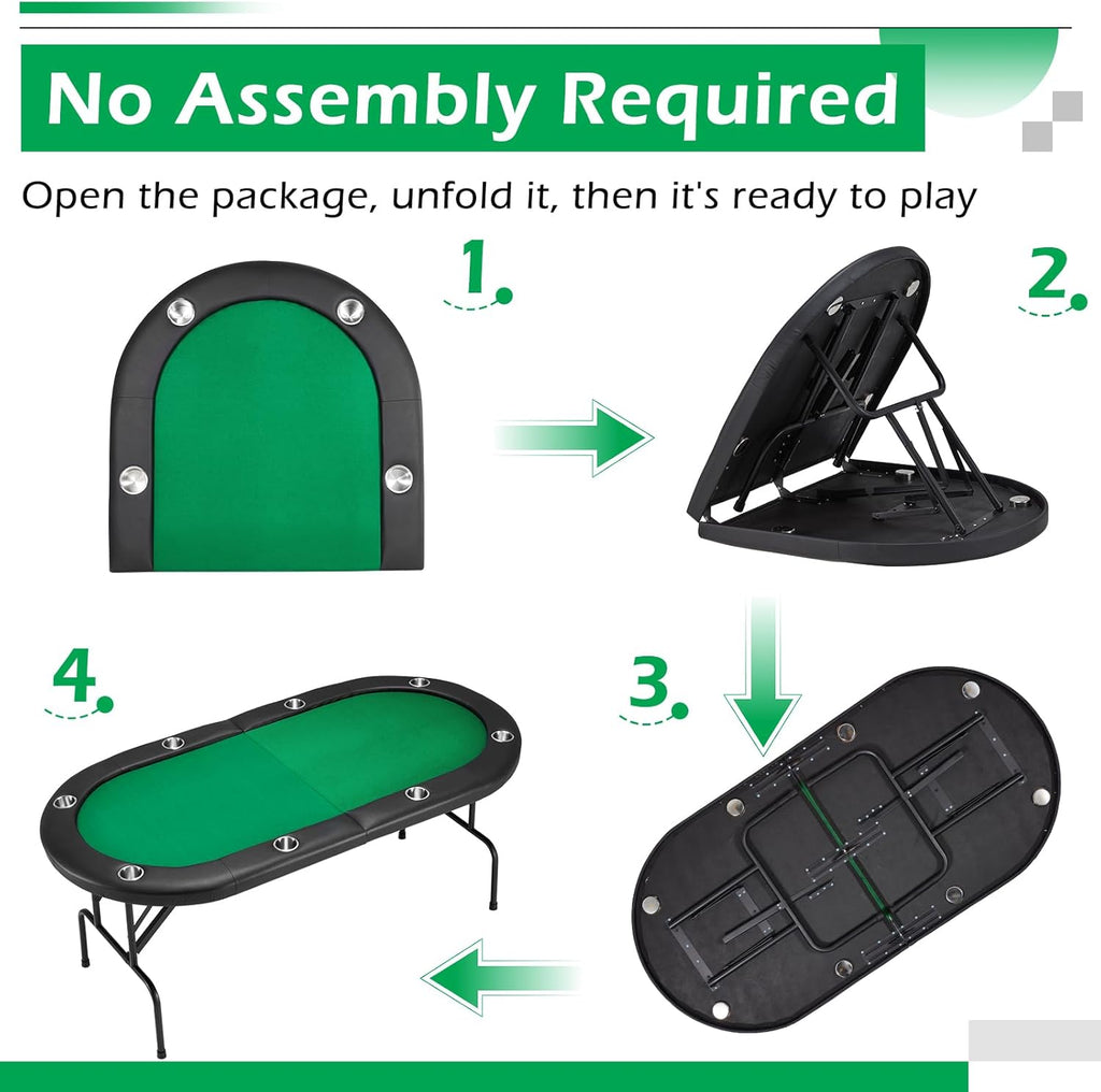 ECOTOUGE Foldable Poker Table, 8-Player Blackjack Texas Holdem Table w/Stainless Cup Holder, Folding Oval Gaming Table with Portable Oxford Bag for Casino Game, No Assembly Required, Green