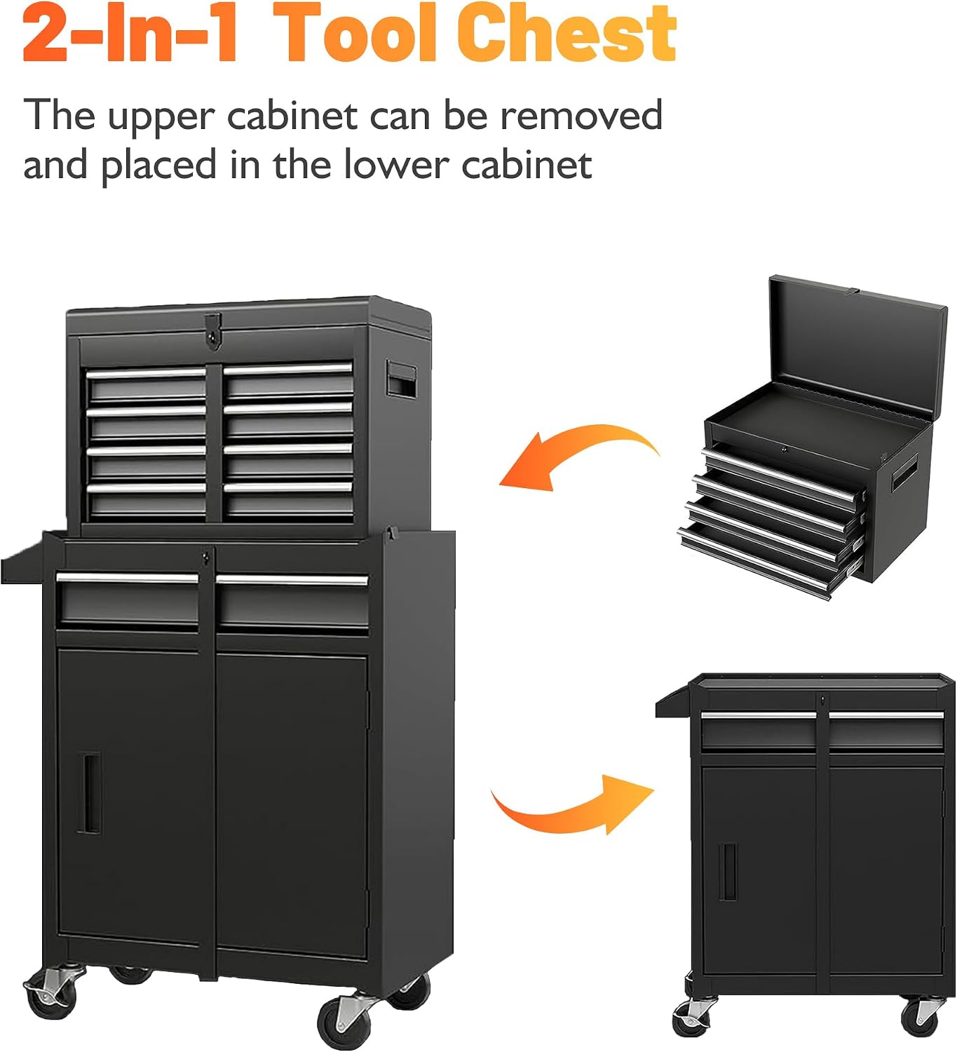 5 Drawers Tool Cart on Wheels with 1 Cabinet, Multifunctional Removable Rolling Tools Chest Storage Set, Tool Trolley Organizer Tools Box for Garage,Warehouse,Repair Shop,Workshop (Black)