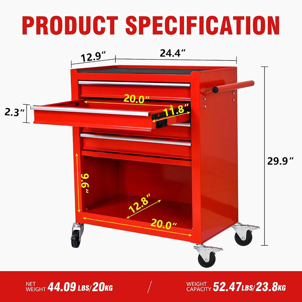 4 Drawers Tool Cart on Wheels, 4 Drawer Rolling Tool Chest, Trolley Organizer Tool Box Tool Case with 1 Cabinet, Multifunctional Tools Case for Garage,Warehouse,Workshop,Repair Shop (Red)