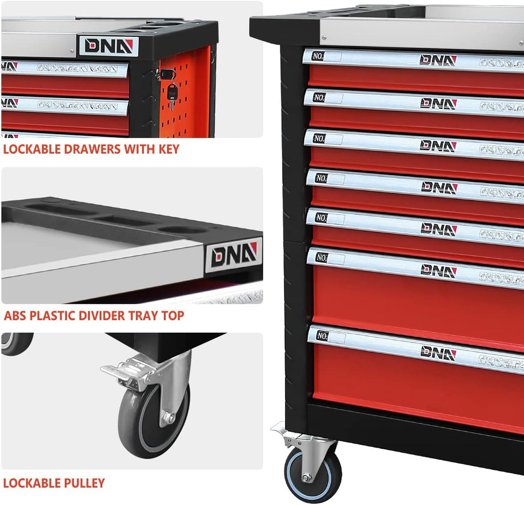 DNA Motoring 7-Drawer Rolling Tools Chest, Rolling Tool Storage Cabinet, Heavy Duty Mechanic Tool Cart, Trolley Organizer for Garage, Warehouse, Workshop, w/Keys, Red, Upgrade Package, TOOLS-10001