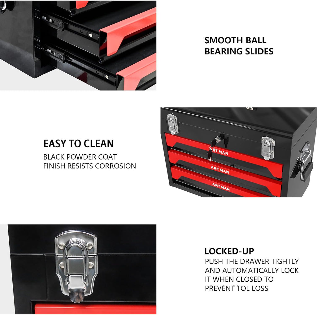 Mechanics Tool Box Organizer, Portable Tool Chest with 3 Drawers, Lockable Tool Storage Cabinet with Metal Latch Closure for Home, Garage, Warehouse, Repair Shop