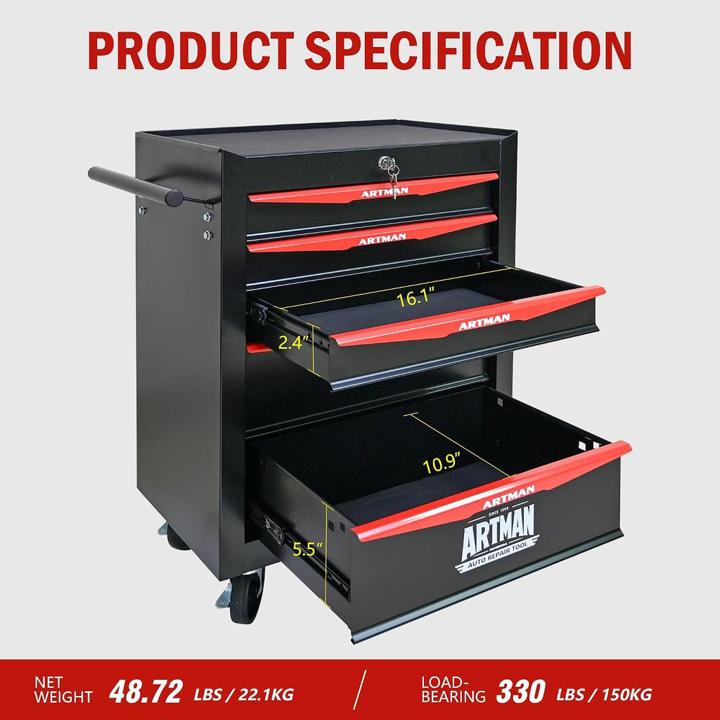 5 Drawers Tool Cart on Wheels, Multifunctional Rolling Tool Chest, Drawers Mobile Trolley Organizer Heavy Duty Tools Box with Locking Wheels & Ball Bearing Drawers (Black, 5 Drawers)