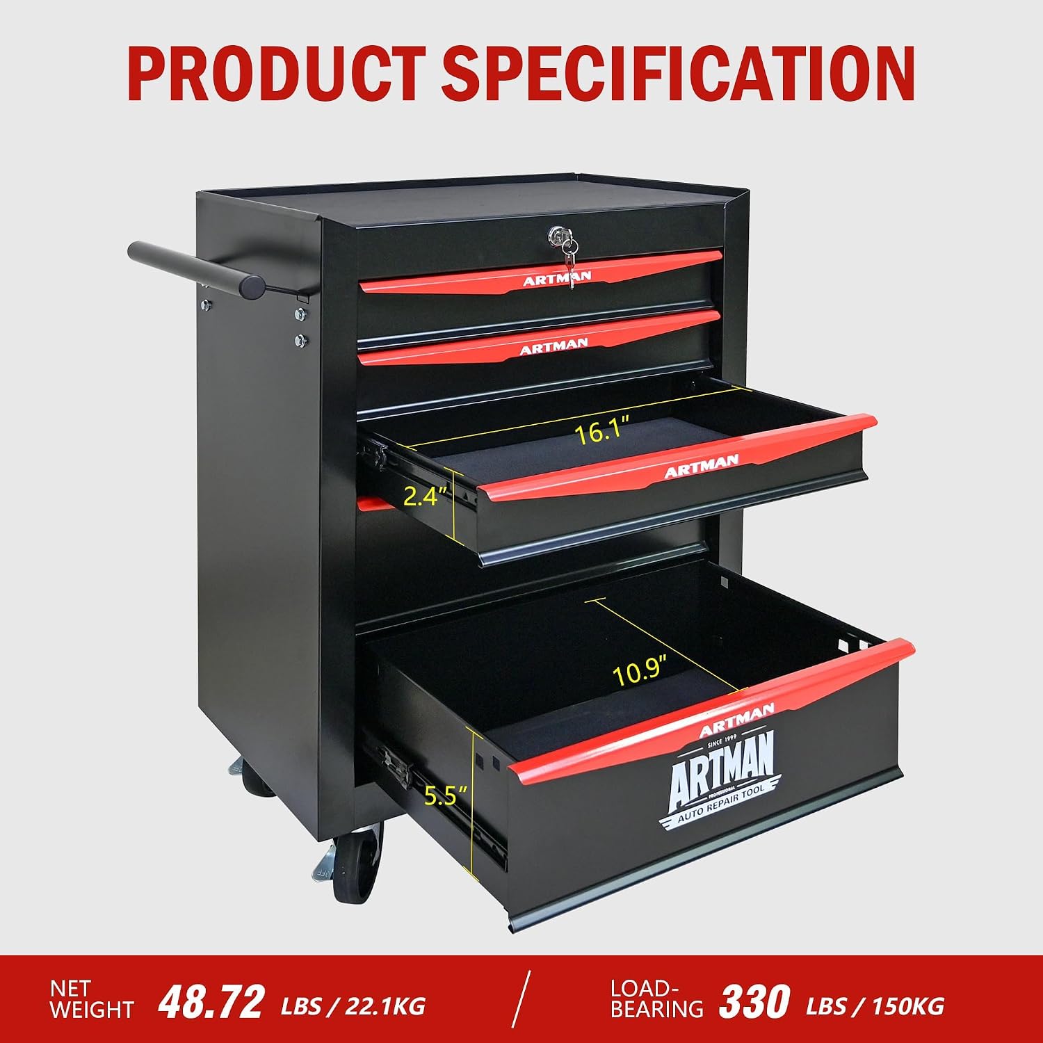 5 Drawers Tool Cart on Wheels, Multifunctional Rolling Tool Chest, Drawers Mobile Trolley Organizer Heavy Duty Tools Box with Locking Wheels & Ball Bearing Drawers (Black, 5 Drawers)