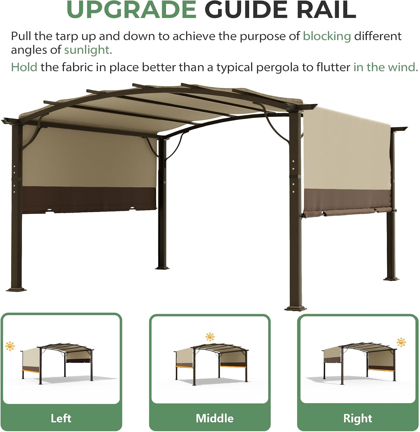 12' x12' Arched Outdoor Pergola for Deck, Outdoor Retractable Canopy and Hardware, Aluminum Frame with Canopy Fixed in Various Positions (Brown)