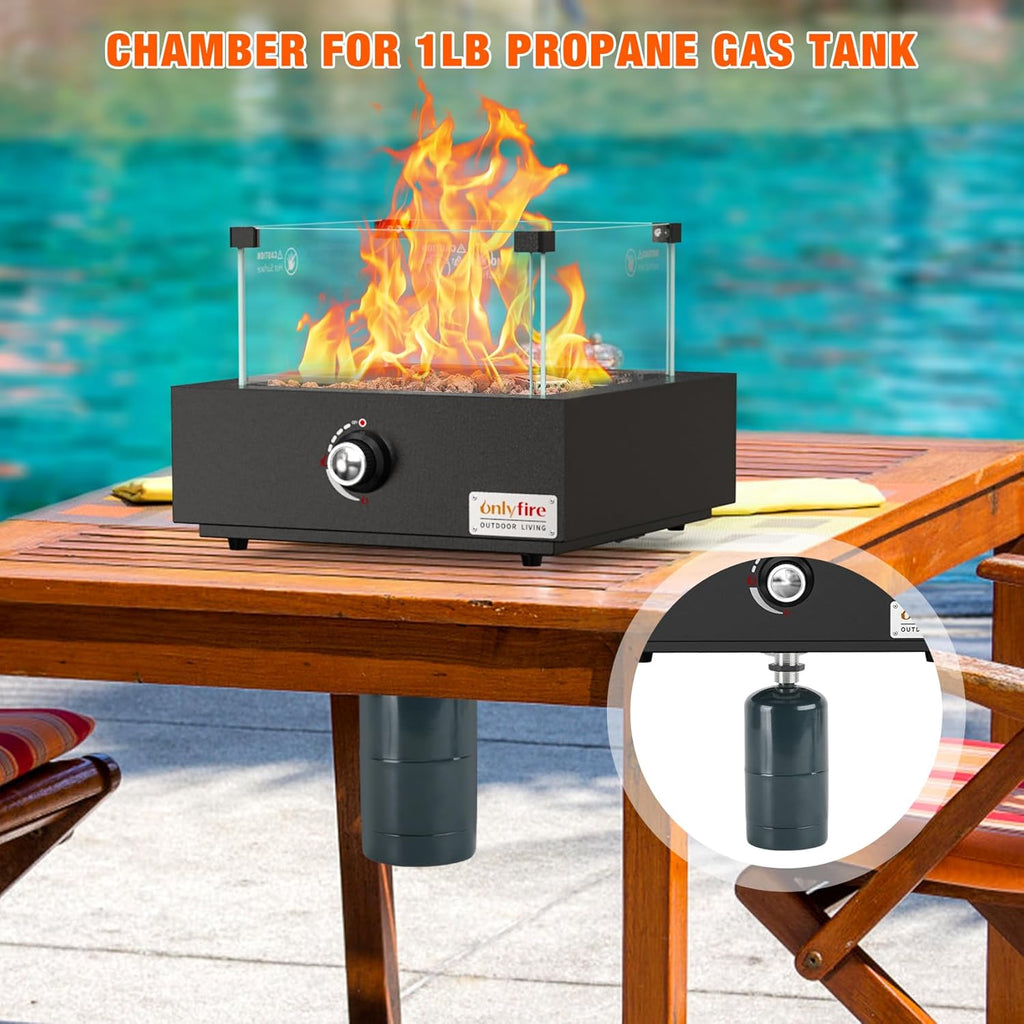 Portable Propane Gas Fire Pit Bottom-Mounted for Table with Umbrella Hole, Tabletop Smokeless Firepit with Wind Guard for Patio Camping RV Tailgating, 23000BTU, Square FP041