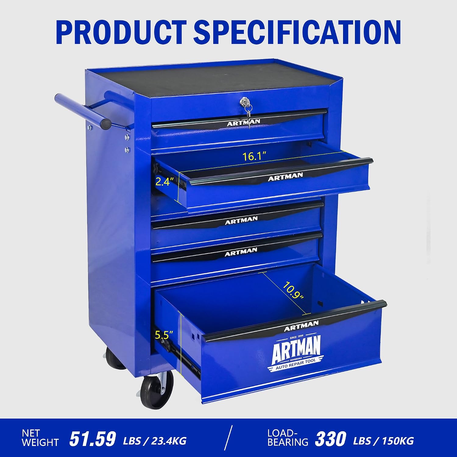 6 Drawers Rolling Tool Box on Wheels, Multifunctional Tool Chest Cabinet with Lock, Drawers Rolling Tool Cart Trolley Organizer Tool Storage Case for Warehouse,Garage,Workshop (Blue)