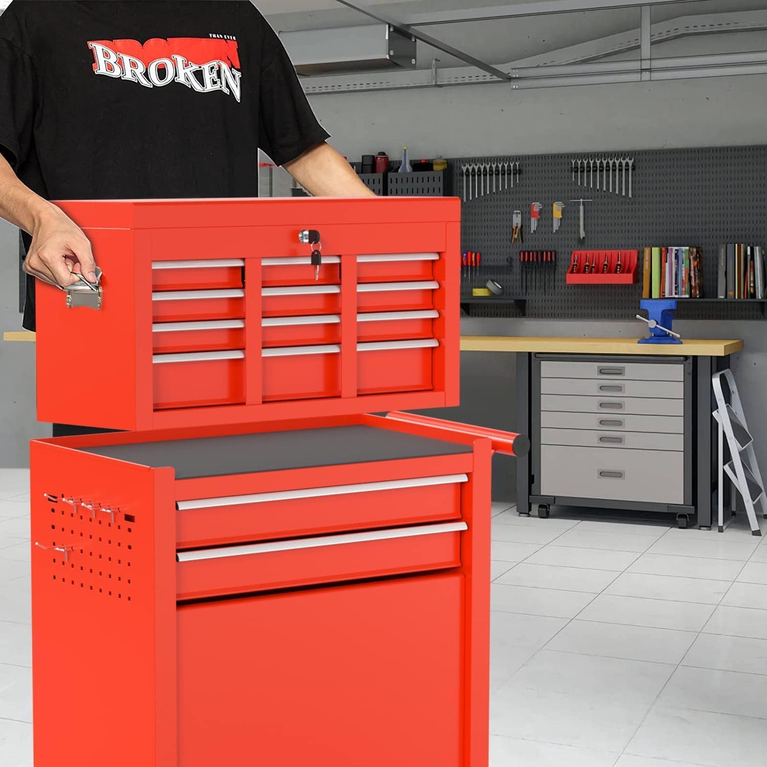 8-Drawer High Capacity Rolling Tool Box with Wheels,Rolling Tool Chest with Drawer,Tool Box on 4 Wheels with Lock, Tool Storage Cabinet Removable Portable Box for Garage Warehouse (Red)