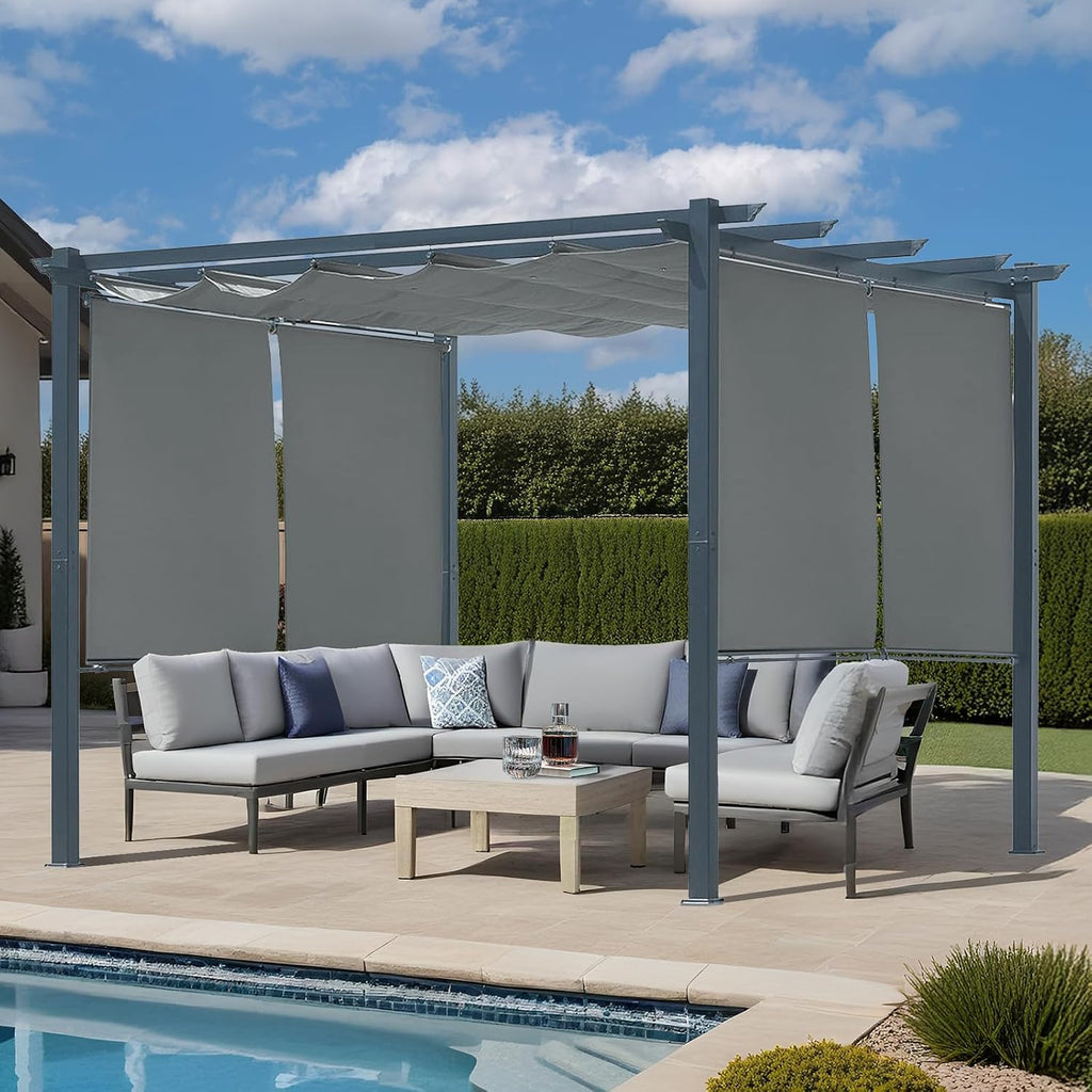 Aoodor 10 x 10 ft Outdoor Pergola with Retractable Shade Canopy, Matte Aluminum Frame, 4 Roller Shade Curtains, Grape Trellis for Patio, Backyard, Garden, and Deck, Grey