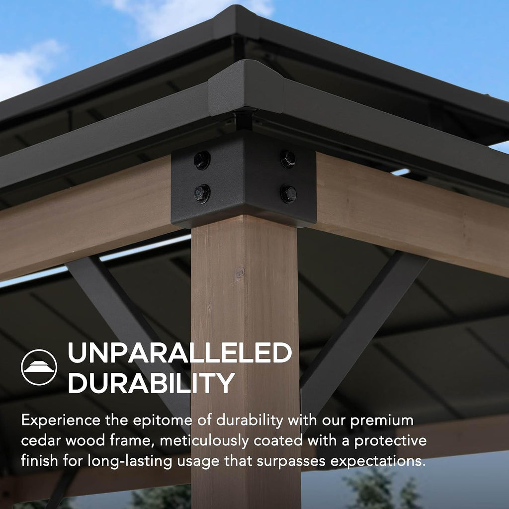 Sunjoy Wooden Grill Gazebo, 8 x 12 ft. Steel Hardtop Gazebo with Solar Power for Year-Round Grilling - 2 Full Size Grills, Griddles or Smokers - Outdoor Cooking Shelter for Backyard BBQs Party, Brown