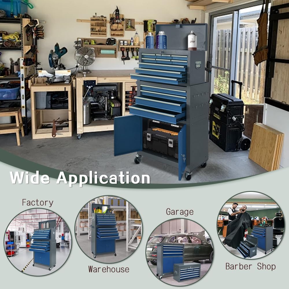 13-Drawer Tool Chest with Double Door Handle,2 in 1 Detachable Rolling Tool Chests with Wheels and Drawers,Large Tool Box with Lock,Mobile Steel Tool Cabinet Storage (Gray&Blue)