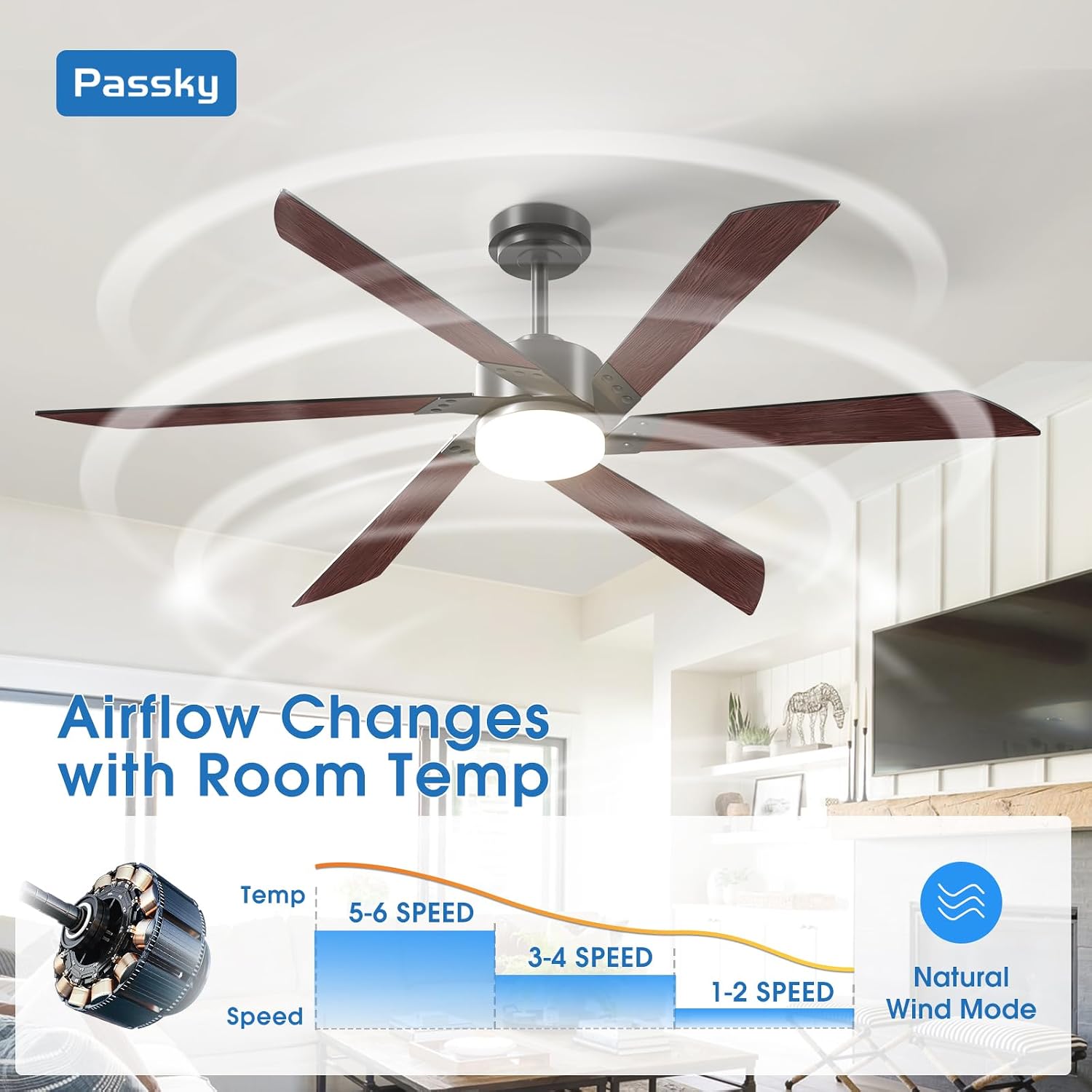 Passky Ceiling Fans with Lights, 60 inch Ceiling Fan with Light and Remote Control, 3CCT, Dimmable, Reversible, Noiseless, Black Contemporary Ceiling Fan for Bedroom, Living Room