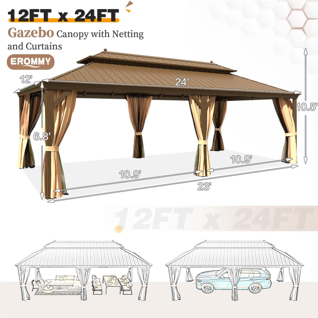 EROMMY 12'x24' Hardtop Gazebo Double Roof Galvanized Steel Canopy Outdoor Aluminum Frame Permanent Metal Pavilion with Netting and Curtains for Patio Backyard Deck and Lawns