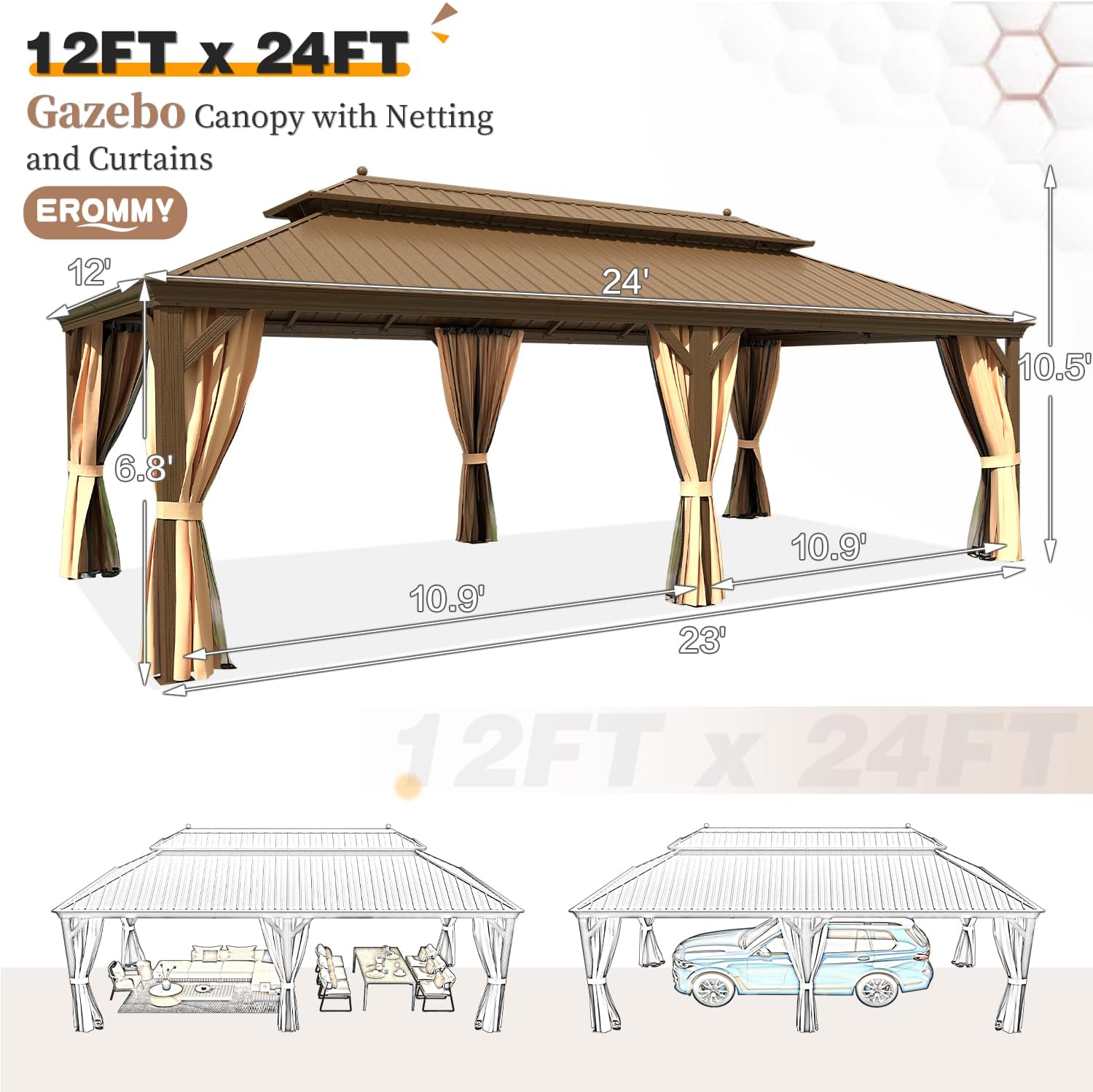 EROMMY 12'x24' Hardtop Gazebo Double Roof Galvanized Steel Canopy Outdoor Aluminum Frame Permanent Metal Pavilion with Netting and Curtains for Patio Backyard Deck and Lawns